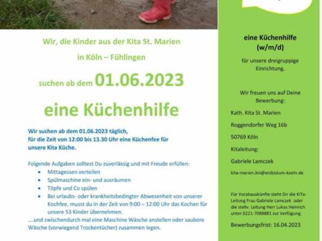 Die Kita sucht eine Küchenhilfe!